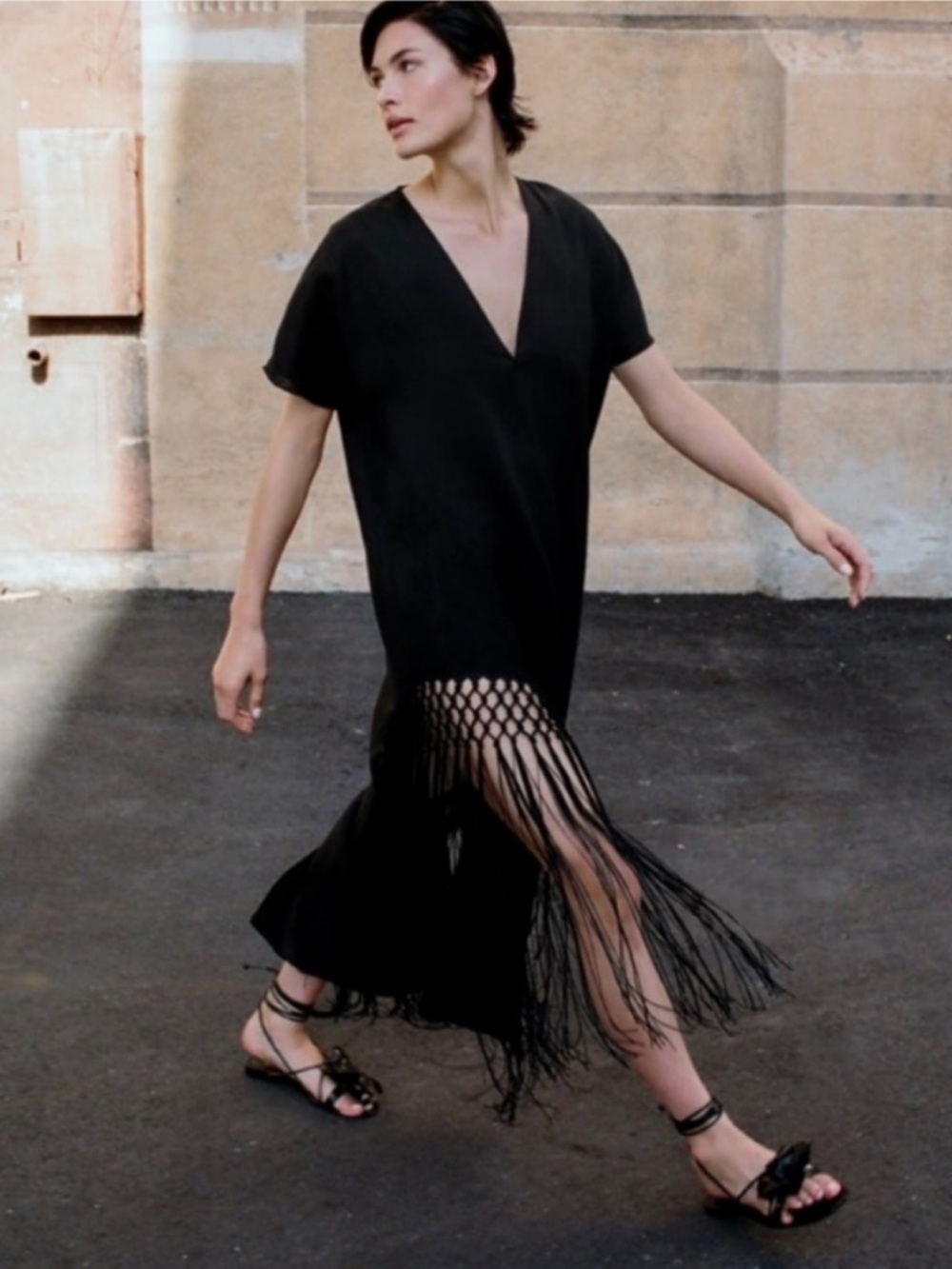 Zara Black Fringed V‑Neck Linen Tunic